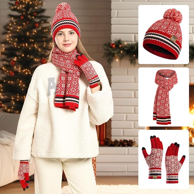 Womens Winter Beanie Hat Long Scarf and Touchscreen Gloves 3Pieces Fleece Lined Skull Caps with Pompom Neck Scarves Set