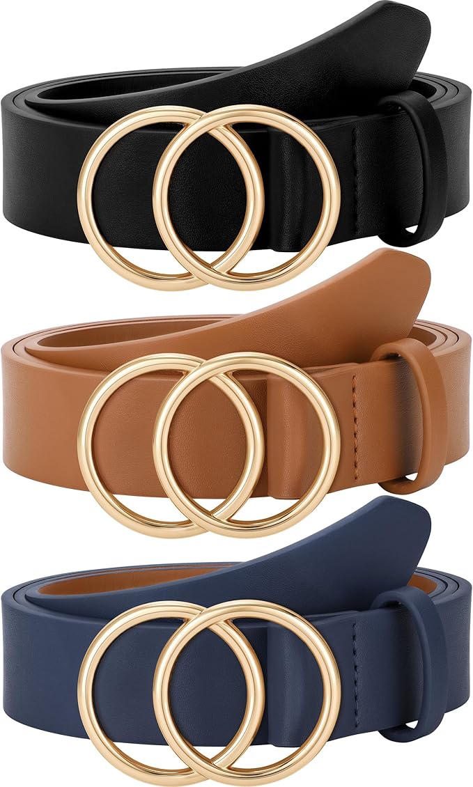 SUOSDEY Women Leather Belt Fashion Double O-Ring Soft Faux Leather Waist Belts For Jeans Dress
