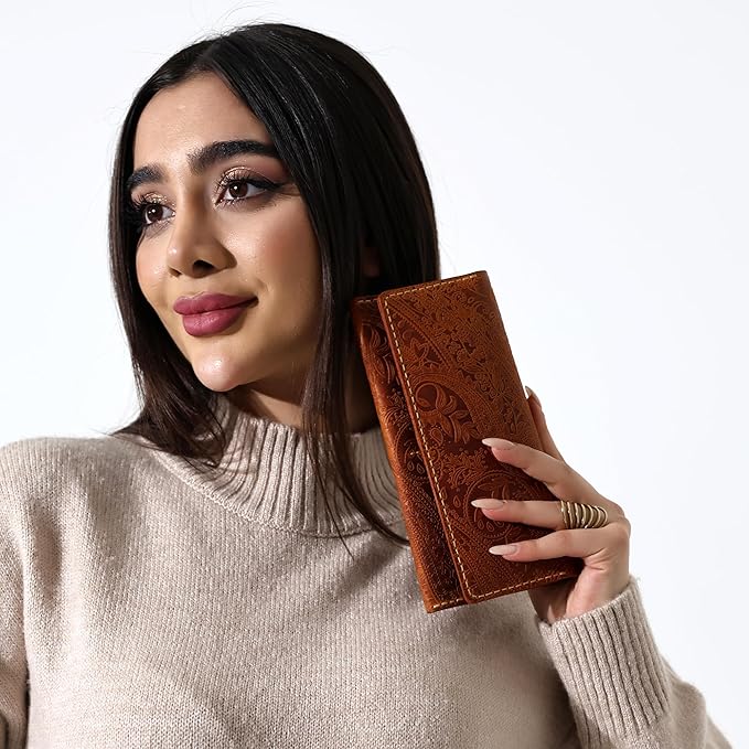 Genuine Leather Handmade Wallet for Women Large Capacity Credit Card Holder Ladies Bifold Long Clutch Handbag Slim Minimalist Western Purse with Zipper Pocket