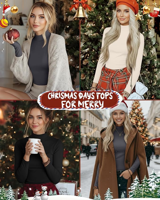 Ficerd 3 Pack Women's Mock Turtleneck Shirts, Long Sleeve Mock Neck Pullover Tops Slim Fitted Stretch Undershirt Tee Blouse