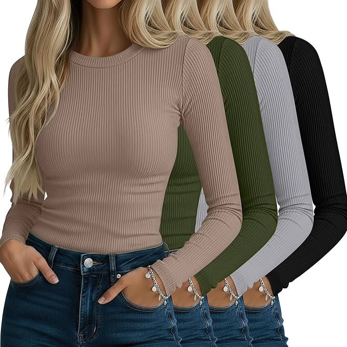 Neer 4 Pack Women's Ribbed Long Sleeve Shirts, Cotton Crew Neck Slim Fit Tops Stretch Knit Casual Base Layer Basic Tee Shirts