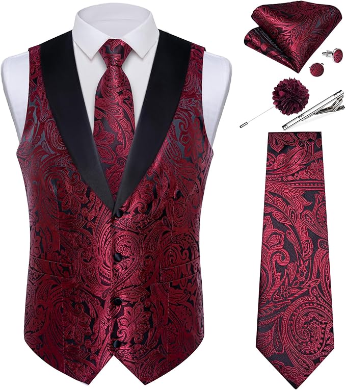 DiBanGu Mens Paisley Suit Vest Silk Jacquard Waistcoat and Necktie Set Formal Shawl Collar Dress Vest 7PCS for Wedding Party