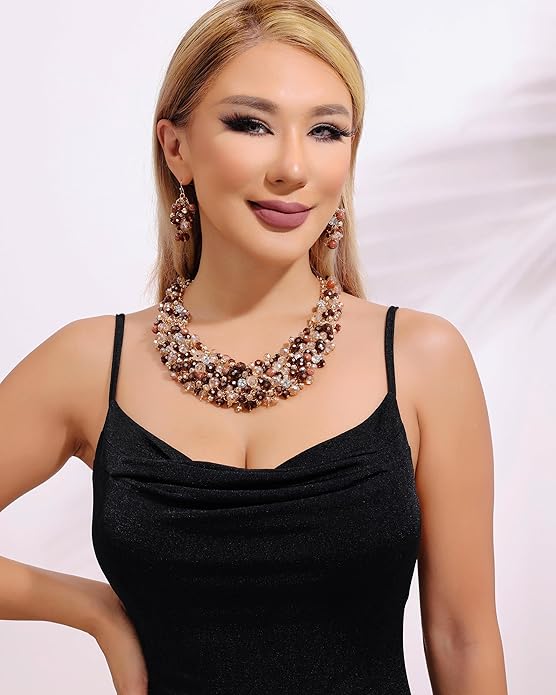 Bocar Fashion Crystal Chunky Collar Statement Necklace Earring Set for Women Gift (NK-10260)