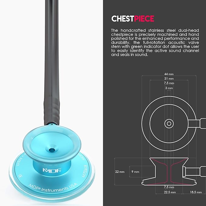 MDF Instruments, Acoustica Lightweight Stethoscope for Doctors, Nurses, Students, Home Health Use, Adult, Dual Head, Black Tube, Aqua Chestpiece-Headset, MDF747XPAQ11
