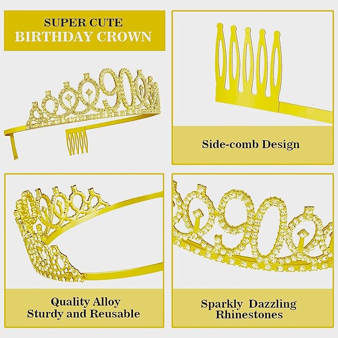 90th Birthday Decorations for Her Girls Set, Include 90th Birthday Crown and 90 Sash, 90th Birthday Cake Topper and 90 Birthday Candles, Gold 90 Balloons, Women 90th Party Supplies(Gold)