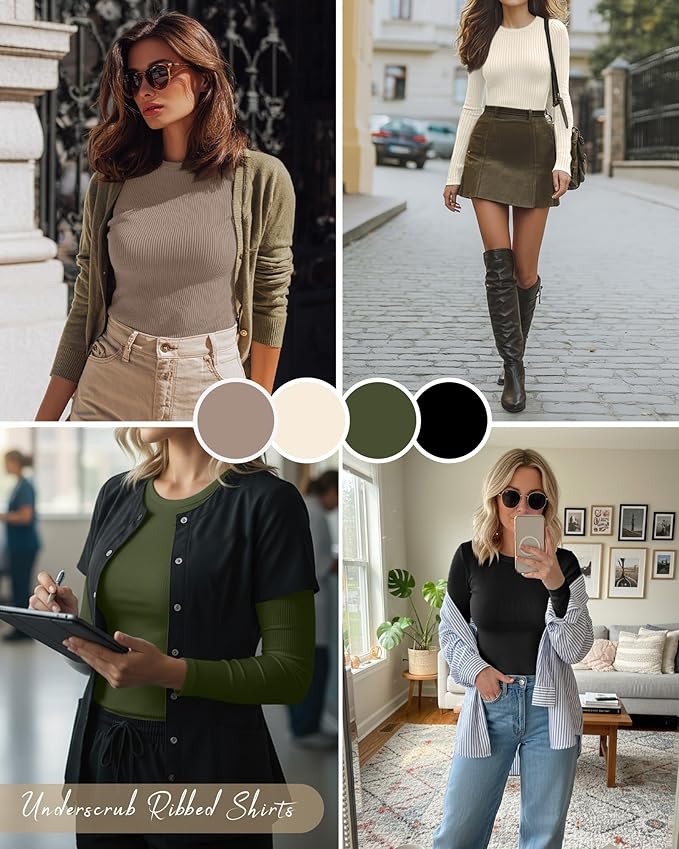 Neer 4 Pack Women's Ribbed Long Sleeve Shirts, Cotton Crew Neck Slim Fit Tops Stretch Knit Casual Base Layer Basic Tee Shirts