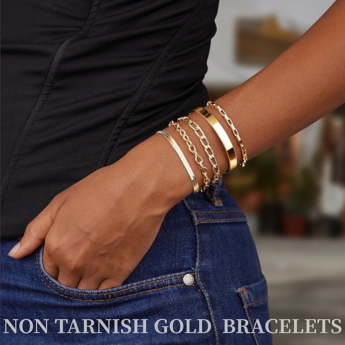Dainty Thin Gold Bracelet for Women Stack, 14K Gold Plated Bracelet Stackable Set with Bangle Cuff, Box, Herringbone, Paperclip, Figaro, Sparkling Link Chains, Simple Waterproof Non Tarnish Minimalist Gifts for Women Trendy