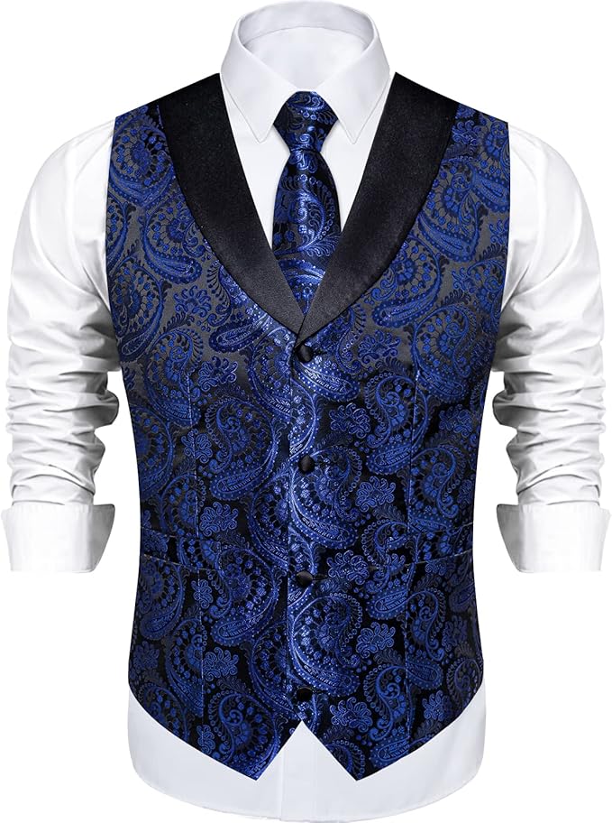 DiBanGu Mens Paisley Suit Vest Silk Jacquard Waistcoat and Necktie Set Formal Shawl Collar Dress Vest 7PCS for Wedding Party