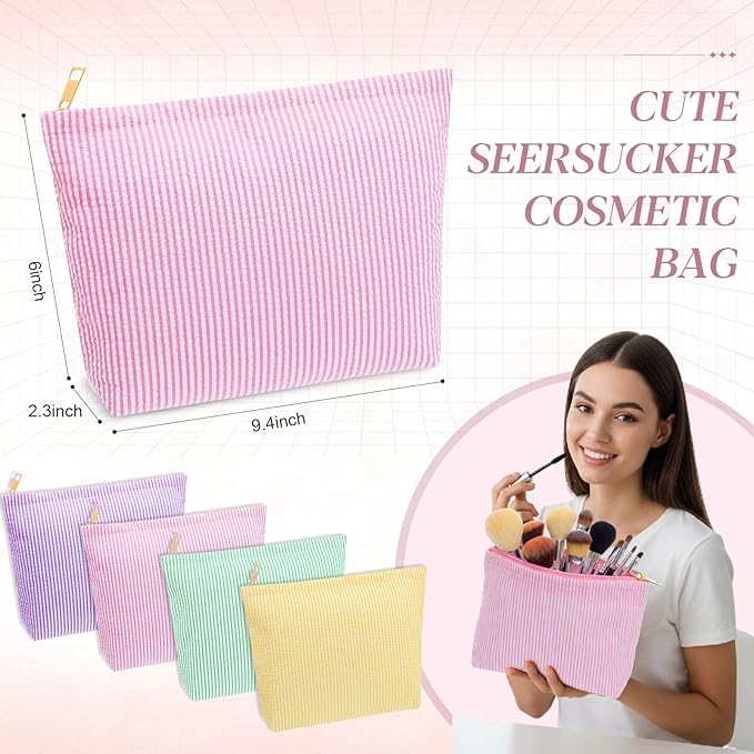 Sanwuta 4 Pcs Seersucker Cosmetic Bag Seersucker Makeup Bag Women Stripe Large Travel Toiletry Organizer Preppy Storage Pouch for Wedding Bridesmaid Bride Mom (Pink, Green, Yellow, Purple)
