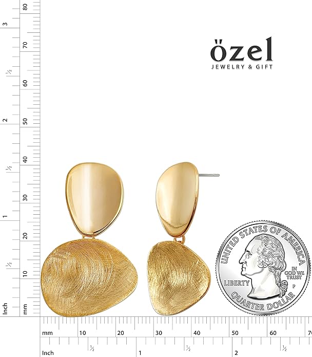 OZEL Gold Dangle Earrings for Women Brushed Finish, Matte Gold Statement Jewelry, 14k Gold Plated
