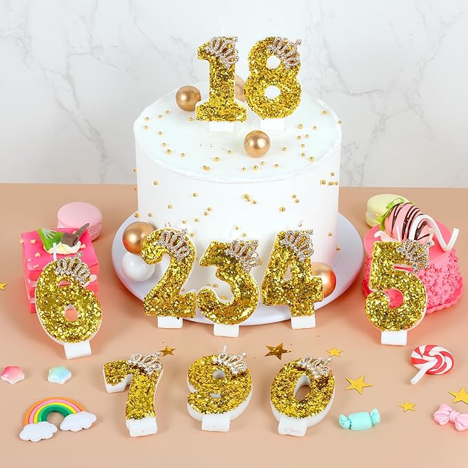 Gold Birthday Candle Crown Number 5 Candle with Sequins Cake Candles Cupcake Decorations Party Decor for Anniversary Celebrations Supplies