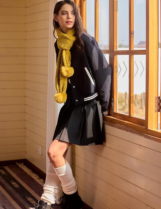 Womens Chenille Scarf with Pompom Winter Knit Warm Scarves for Cold Weather with Gift Box