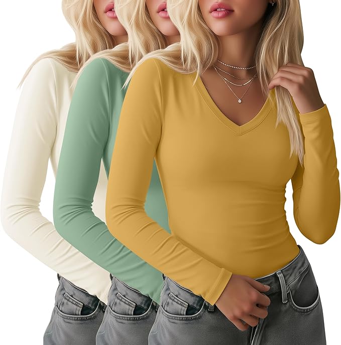 Ficerd 3 Pack Women's Long Sleeve Shirts, V Neck Basic Tees Slim Fitted Casual Fall Tops Going Out Blouses T Shirts
