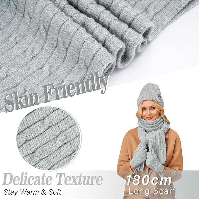 Womens Winter Beanie Hats Long Scarf Touchscreen Gloves Set Warm Knit Skull Caps Gifts for Women