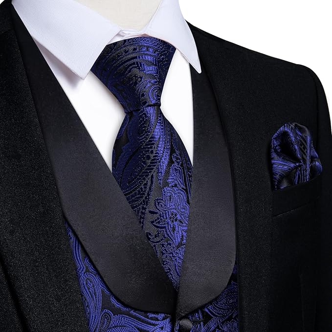 DiBanGu Mens Paisley Suit Vest Silk Jacquard Waistcoat and Necktie Set Formal Shawl Collar Dress Vest 7PCS for Wedding Party