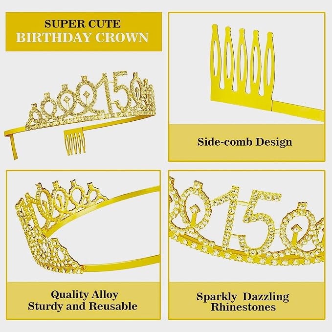 15th Birthday Decorations for Her Girls Set, Include 15th Birthday Crown and 15 Sash, 15th Birthday Cake Topper and 15 Birthday Candles, Gold 15 Balloons, Women 15th Party Supplies(Gold)