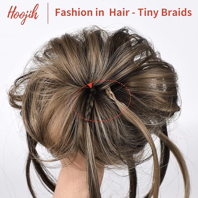 HOOJIH Messy Bun Hair Piece, Super Long Tousled Updo Hair Bun Extensions Wavy Wrap Ponytail Hairpieces Scrunchies with Elastic Band HB007 Grace - Chocolate Brown Ash Blonde Highlights