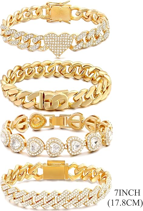 4PCS Gold Bracelets for Women Silver Clustered Tennis Bracelet for Women Heart Round Diamond Cuban Bracelet Layered Link Bracelet Set Fashion Jewelry for Women Set
