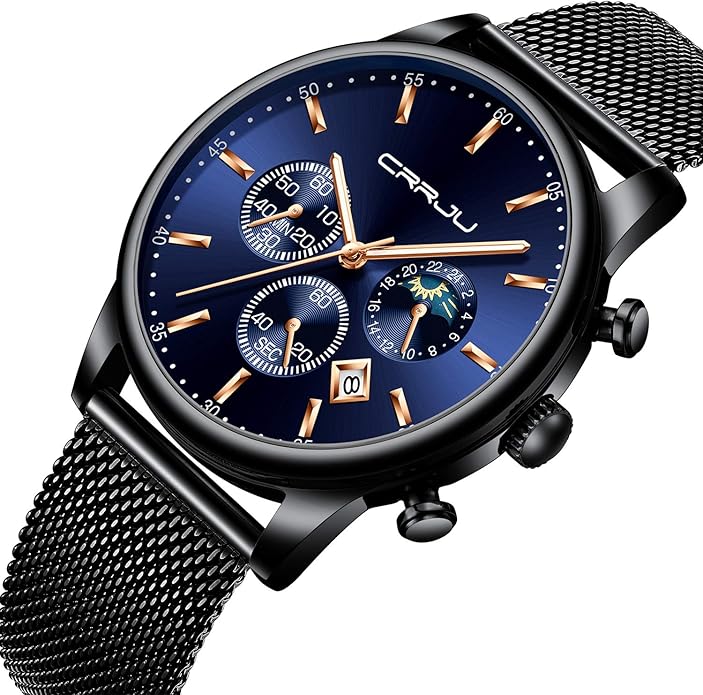 CRRJU Men's Fashion Casual Watches Auto Date Chronograph Watch Men Nice Work Watches Waterproof 30M Full Steel Quartz with Mesh Strap