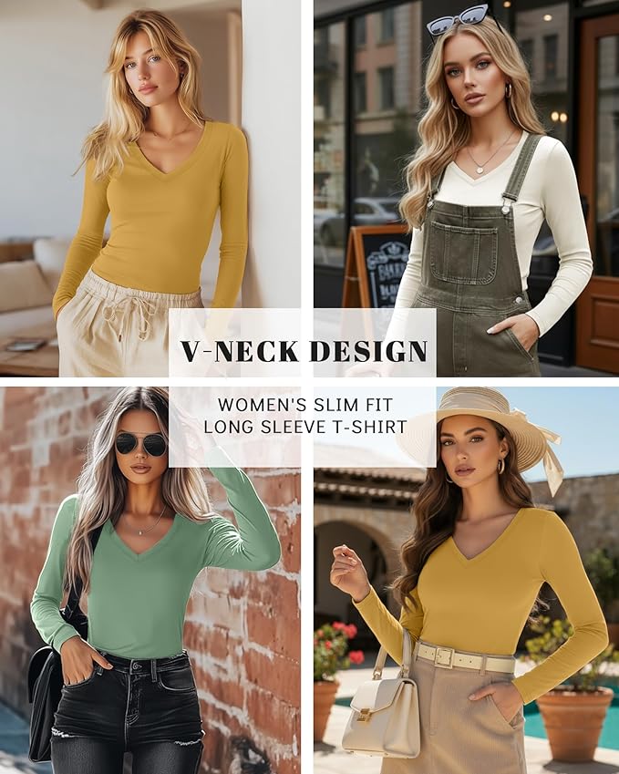 Ficerd 3 Pack Women's Long Sleeve Shirts, V Neck Basic Tees Slim Fitted Casual Fall Tops Going Out Blouses T Shirts