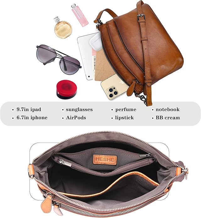 HESHE Crossbody Bags for Women Genuine Leather Purses with Multi-Pockets Vintage Ladies Small Shoulder Satchel Bag