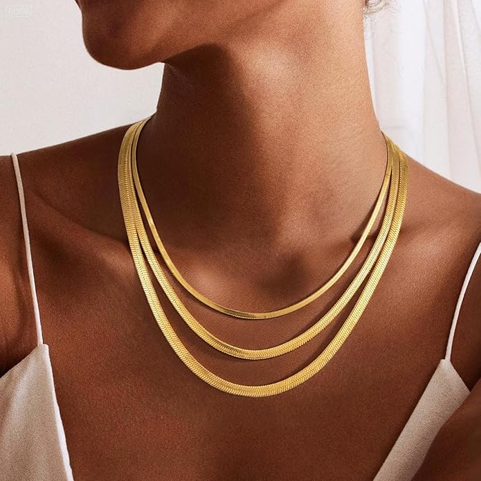Gold Necklace for Women, 18K Gold Plated Layered Herringbone Necklace Choker Chain Necklaces Dainty Gold Necklaces Waterproof Jewelry for Women Non Tarnish