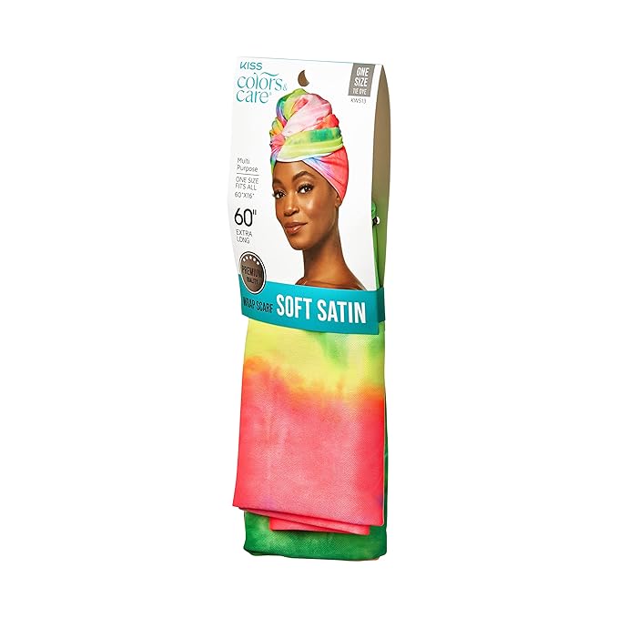KISS COLORS & CARE Soft Satin Wrap Scarf - Tie Dye, Fashionable Multi-Purpose, Premium Hair Scarf for Minimizing Frizz, Chic & Comfortable, Preventing Breakage & Securing a Variety of Hair Styles