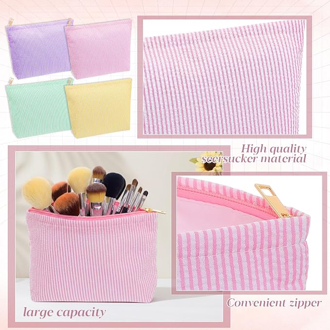 Sanwuta 4 Pcs Seersucker Cosmetic Bag Seersucker Makeup Bag Women Stripe Large Travel Toiletry Organizer Preppy Storage Pouch for Wedding Bridesmaid Bride Mom (Pink, Green, Yellow, Purple)
