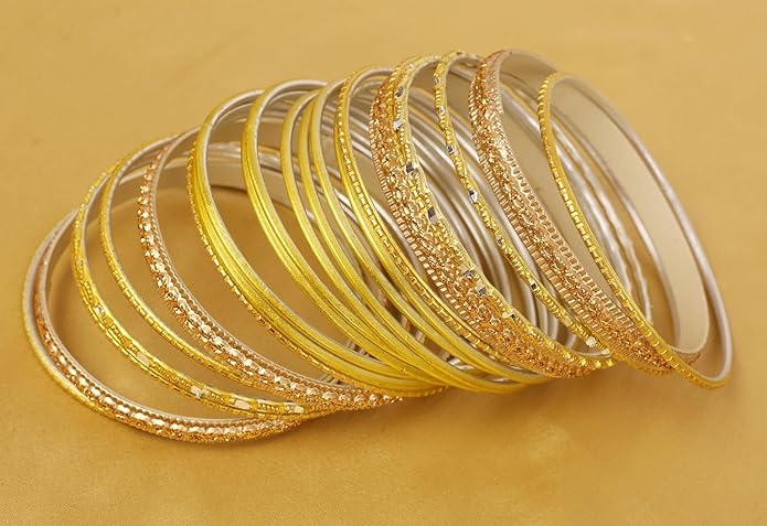 Touchstone Indian Metal Bangles for Women Gold Alloy Bracelets desi 2 Dozen Bangle Collection Bollywood Women's Jewelry Set Multi Stacking Wide Chunky Textured Golden Set of 24 in Gold or White Tone