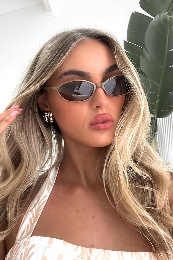 Retro Oval Sunglasses for Women Chic Cat Eye 90s Sunnies Lightweight Narrow Shades Trendy UV protection Sun Glasses