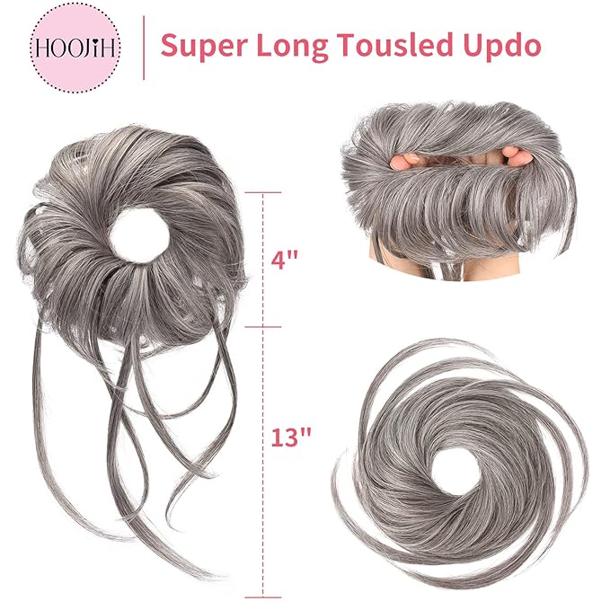 HOOJIH Messy Bun Hair Piece, Super Long Tousled Updo Hair Bun Extensions Wavy Hair Wrap Ponytail Hairpieces Scrunchies with Elastic Hair Band for Women HB007 Grace - Light Gray