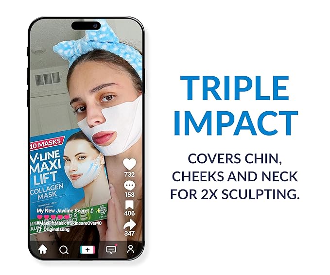 Stylia MaxiLift V-Line Lifting Collagen Face Mask - Double Chin Strap - Jawline Shaper - Neck Firming and Tightening Mask with Hyaluronic Acid & Aloe Vera - Chin Strap for Sleeping (5PC)