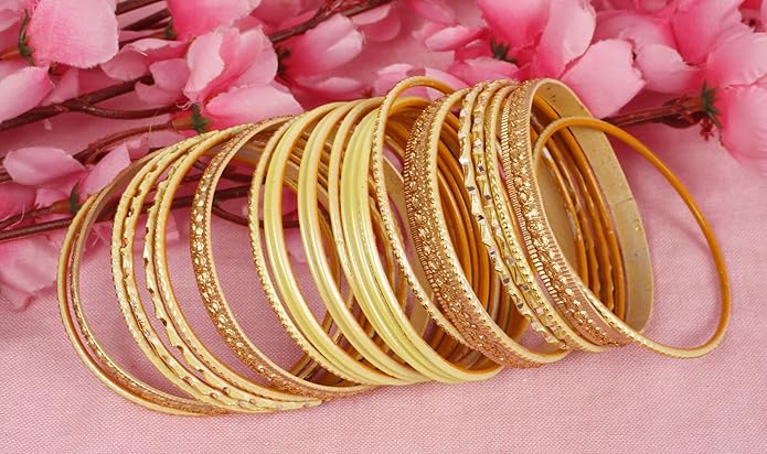 Touchstone Indian Metal Bangles for Women Gold Alloy Bracelets desi 2 Dozen Bangle Collection Bollywood Women's Jewelry Set Multi Stacking Wide Chunky Textured Golden Set of 24 in Gold or White Tone