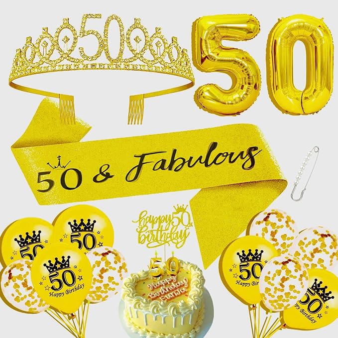50th Birthday Decorations for Her Girls Set, Include 50th Birthday Crown and 50 Sash, 50th Birthday Cake Topper and 50 Birthday Candles, Gold 50 Balloons, Women 50th Party Supplies(Gold)