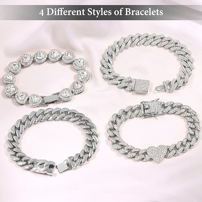 4PCS Gold Bracelets for Women Silver Clustered Tennis Bracelet for Women Heart Round Diamond Cuban Bracelet Layered Link Bracelet Set Fashion Jewelry for Women Set