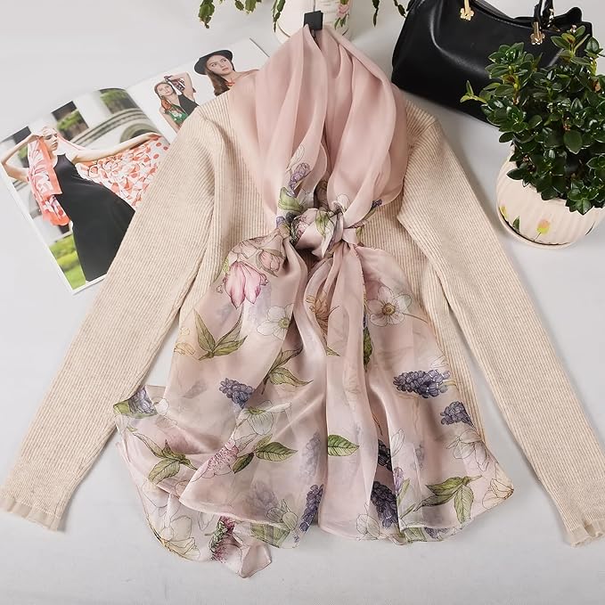 100% Mulberry Silk Women's Neck Silk Scarf-Lightweight Shawl,FLoral Print Beach Silk Wrap-Scarves for Photography