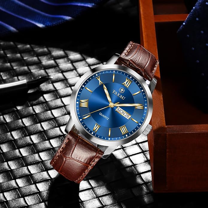 Leather Band Mens Watches with Day Date Quartz Analog Large Face Classic Watch Roman Numerals Dress Luminous Rlojes para Hombres