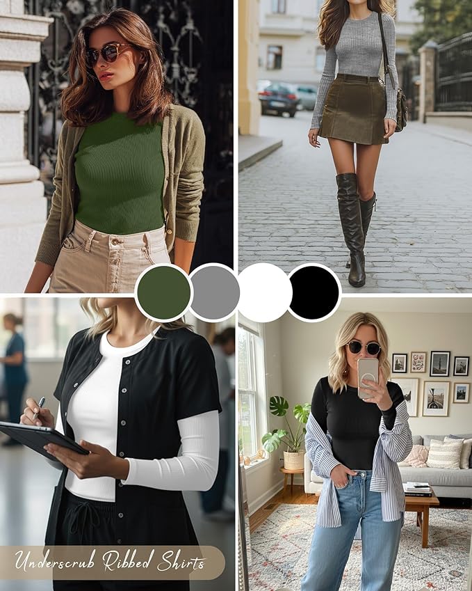Neer 4 Pack Women's Ribbed Long Sleeve Shirts, Cotton Crew Neck Slim Fit Tops Stretch Knit Casual Base Layer Basic Tee Shirts
