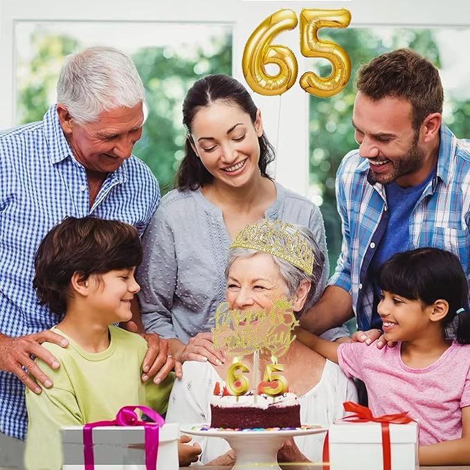 65th Birthday Decorations for Her Girls Set, Include 65th Birthday Crown and 65 Sash, 65th Birthday Cake Topper and 65 Birthday Candles, Gold 65 Balloons, Women 65th Party Supplies(Gold)
