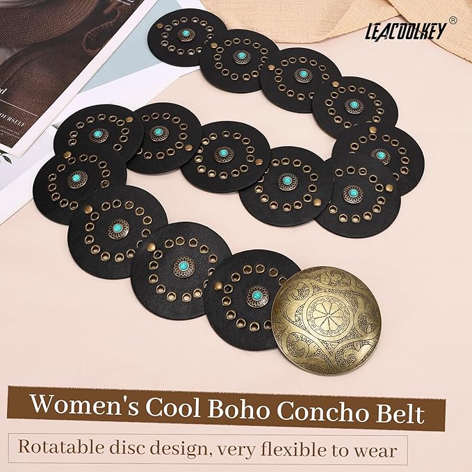 LEACOOLKEY Women's Boho Disc Belt Wide Western Leather Belt Vintage Concho Waist Belts for Dress Jeans