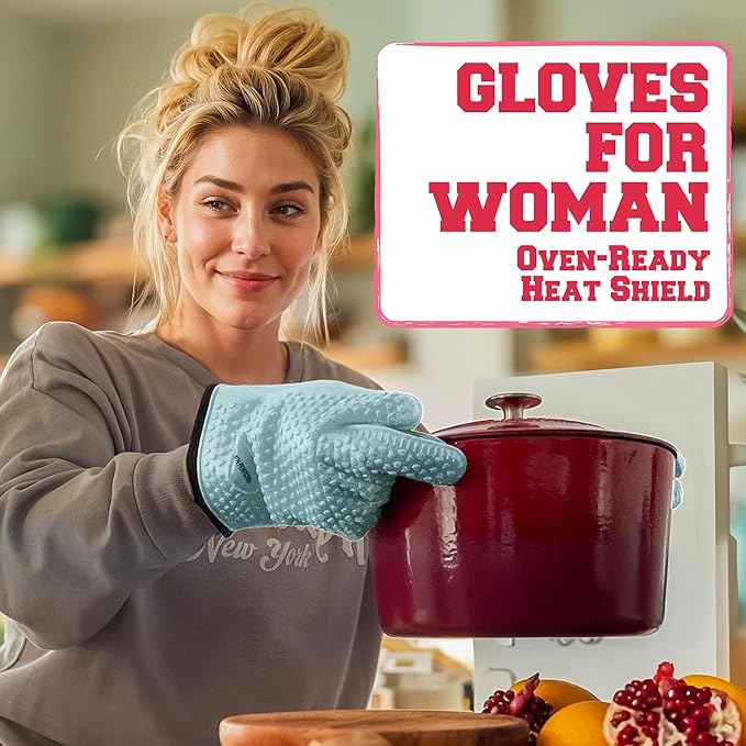 KITCHEN PERFECTION Silicone Smoker Oven Gloves For Women -Extreme Heat Resistant BBQ Gloves -Handle Hot Food Right on Your Smoker Grill Fryer|Waterproof Oven Mitts Grill Gloves |Superior Set+3 Bonuses