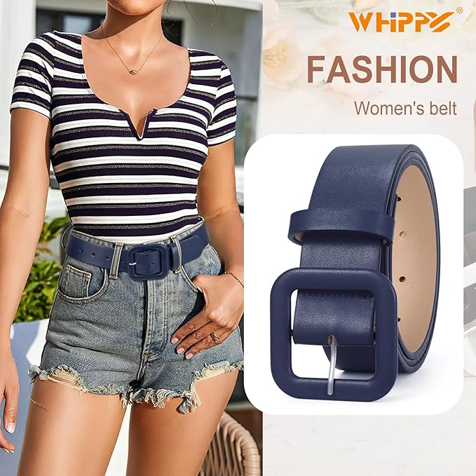 WHIPPY Women Leather Belt Candy Color Fashion Square Buckle Belt Ladies Belt for Jeans Pants Dresses