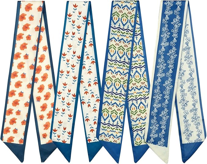 4 Pack Purse Scarf Handbags Skinny Twill Hair Scarves Narrow Neck Scarf Band Women Fashion Accessories Bag Charms