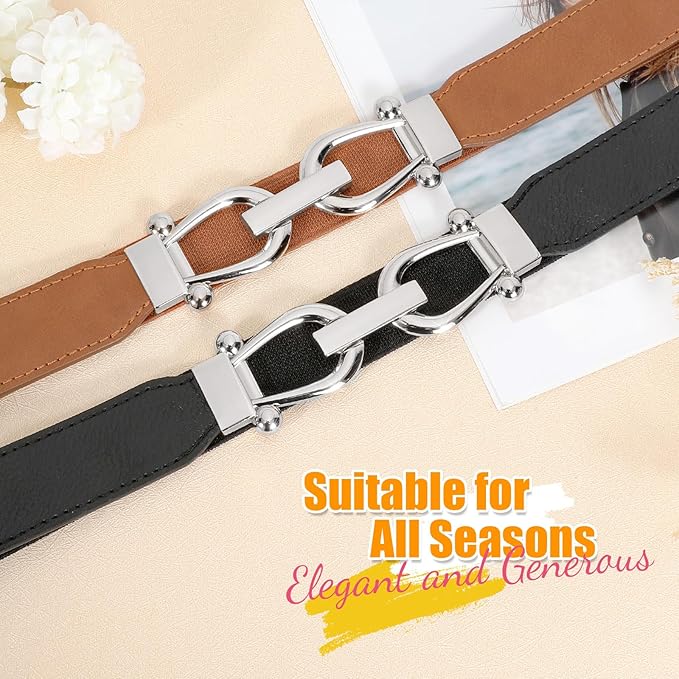 WERFORU Women Skinny Belt for Dresses Retro Stretch Waist Belt with Gold Buckle Set of 4