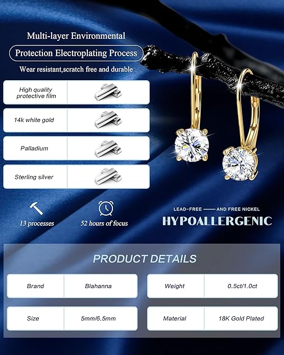 Moissanite Earrings,1.0ct-2.0ct D Color Brilliant Round Cut Earring 18K White Gold Plated Sterling Silver Dangle Earrings Moissanite Leverback Drop Earring s