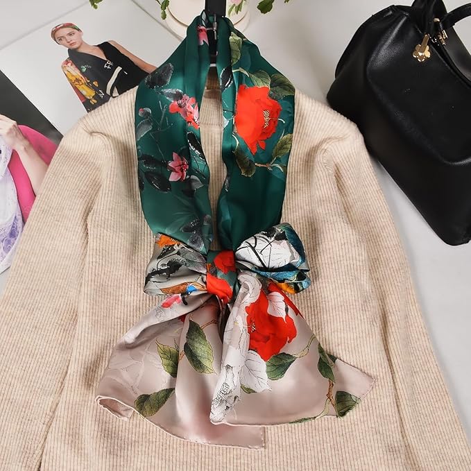100% Mulberry Silk Scarf for Women Neck Oblong Headscarves Long Floral Print Lightweight Silk Wraps Shawls 67"*20"