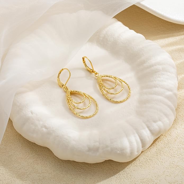 Gold Dangle Earrings for Women, 14K Gold Plated Lightweight Hypoallergenic Teardrop Drop Earrings, Trendy Leverback Minimalist Jewelry for Sensitive Ears Vacation Wear, 7-Styles