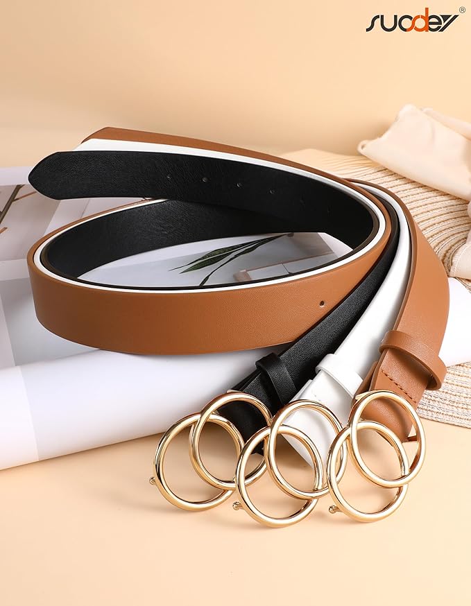 SUOSDEY Women Leather Belt Fashion Double O-Ring Soft Faux Leather Waist Belts For Jeans Dress