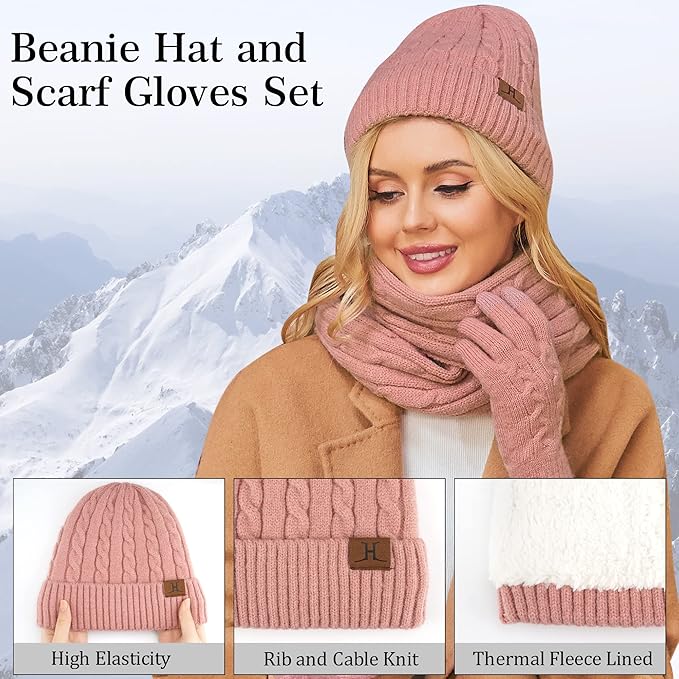 Womens Winter Beanie Hats Long Scarf Touchscreen Gloves Set Warm Knit Skull Caps Gifts for Women