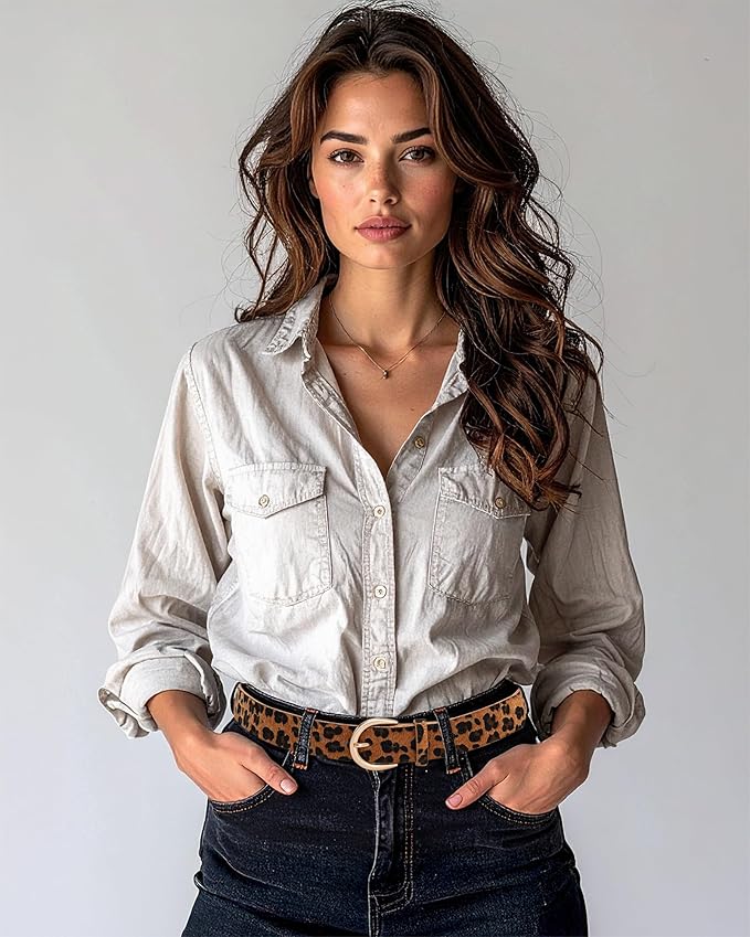 Women’s Leopard Print Leather Belts for Women, Cheetah Print Belt with Gold Buckle, Width 1.46"